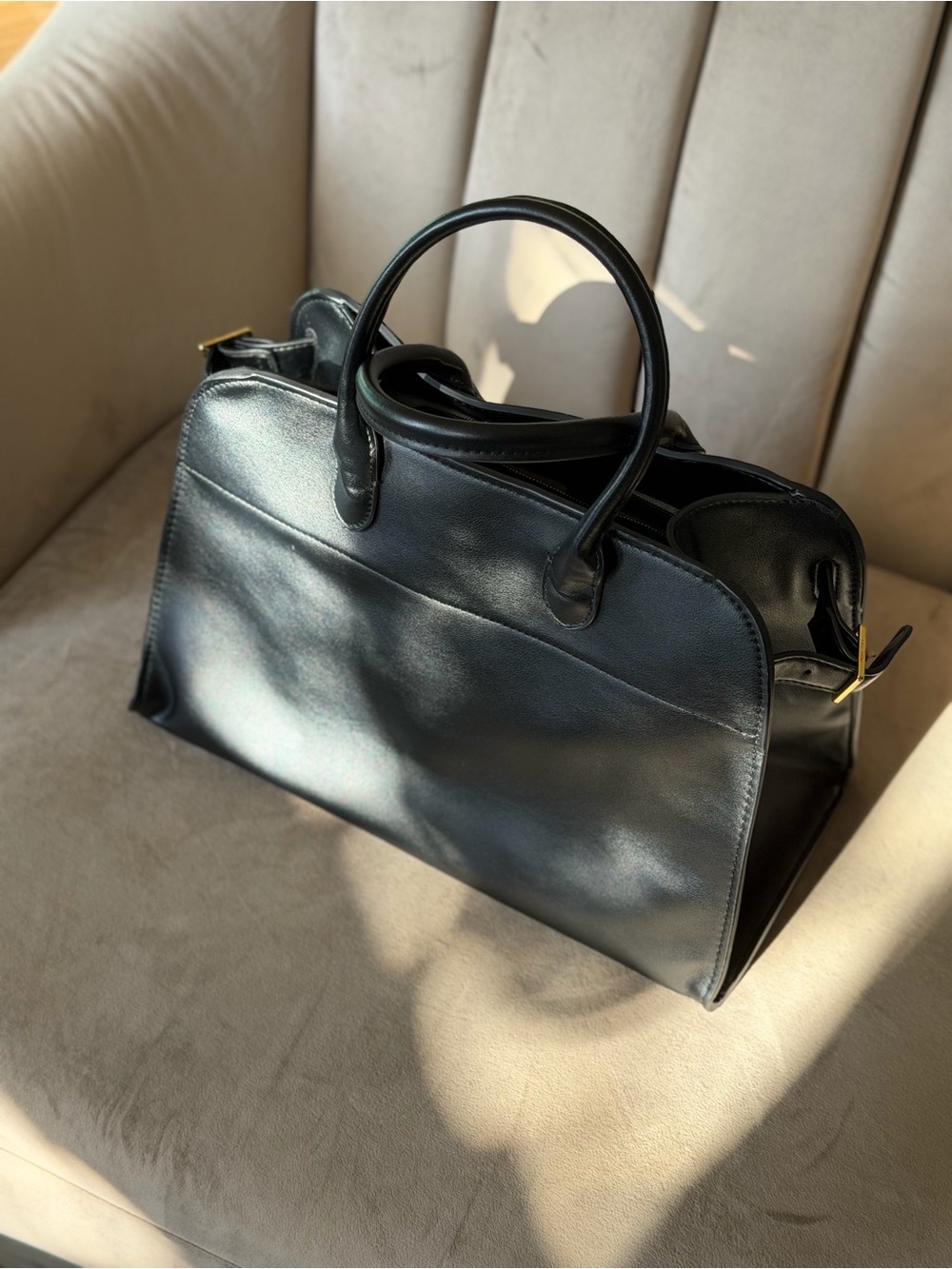 Margaux 15 Smooth Black Leather Top Handle Satchel Handbag Tote - Picture 7 of 15